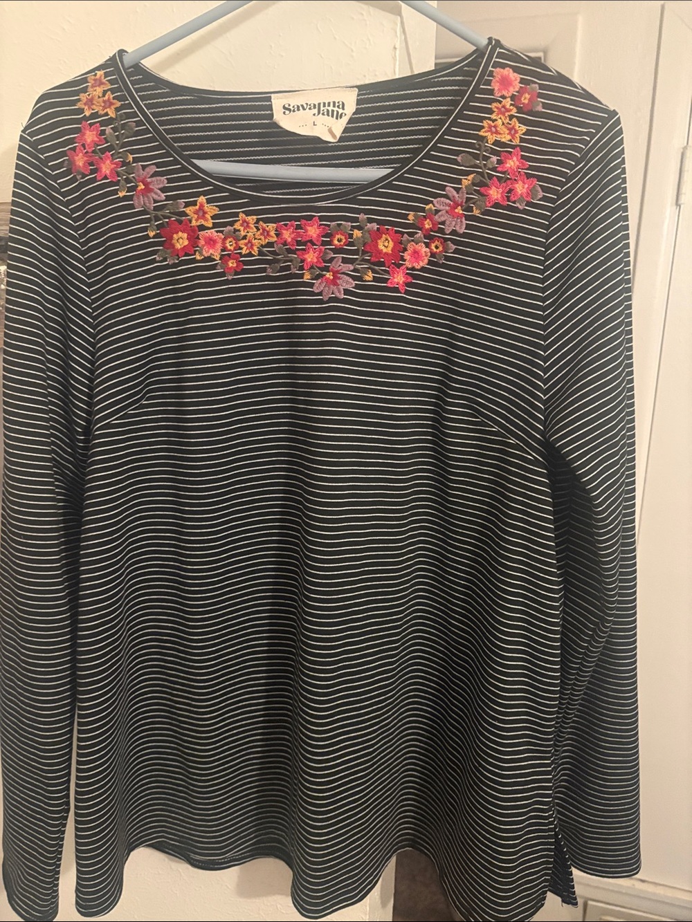 Savanna Jane Black & White Striped Long Sleeve Top with Embroidered Floral Neck